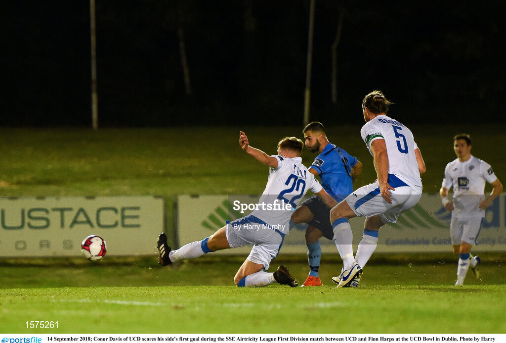 14 September 2018; Conor Davis of UCD scores his side's first goal during the SSE Airtricity League First Division match between UCD and Finn Harps at the UCD Bowl in Dublin. Photo by Harry Murphy/Sportsfile