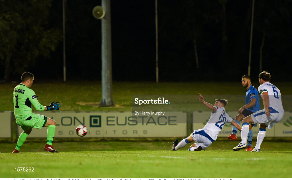 14 September 2018; Conor Davis of UCD scores his side's first goal during the SSE Airtricity League First Division match between UCD and Finn Harps at the UCD Bowl in Dublin. Photo by Harry Murphy/Sportsfile