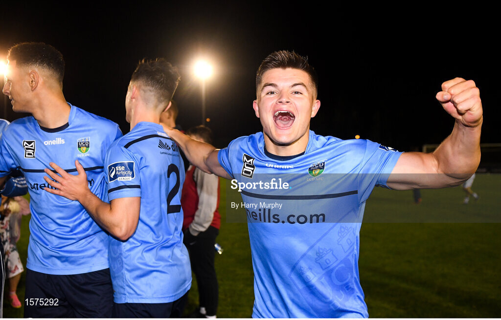14 September 2018; Daire O'Connor of UCD celebrates promotion to the SSE Airtricity League Premier Division  following the SSE Airtricity League First Division match between UCD and Finn Harps at the UCD Bowl in Dublin. Photo by Harry Murphy/Sportsfile