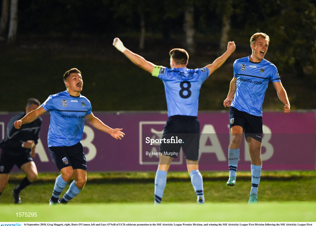 14 September 2018; Greg Sloggett, right, Daire O'Connor, left and Gary O'Neill of UCD celebrate promotion to the SSE Airtricity League Premier Division, and winning the SSE Airtricity League First Division following the SSE Airtricity League First Division match between UCD and Finn Harps at the UCD Bowl in Dublin. Photo by Harry Murphy/Sportsfile
