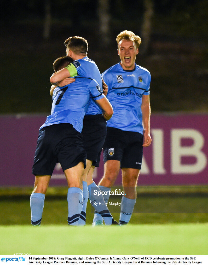 14 September 2018; Greg Sloggett, right, Daire O'Connor, left, and Gary O'Neill of UCD celebrate promotion to the SSE Airtricity League Premier Division, and winning the SSE Airtricity League First Division following the SSE Airtricity League First Division match between UCD and Finn Harps at the UCD Bowl in Dublin. Photo by Harry Murphy/Sportsfile