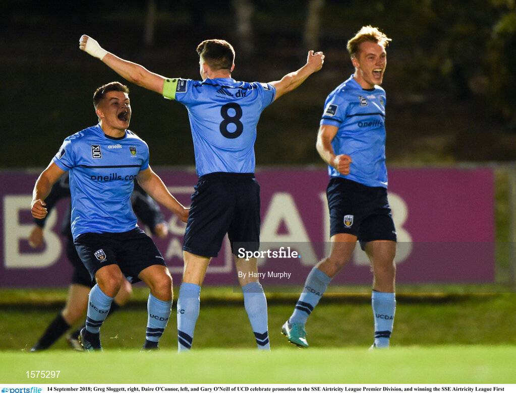 14 September 2018; Greg Sloggett, right, Daire O'Connor, left, and Gary O'Neill of UCD celebrate promotion to the SSE Airtricity League Premier Division, and winning the SSE Airtricity League First Division following the SSE Airtricity League First Division match between UCD and Finn Harps at the UCD Bowl in Dublin. Photo by Harry Murphy/Sportsfile