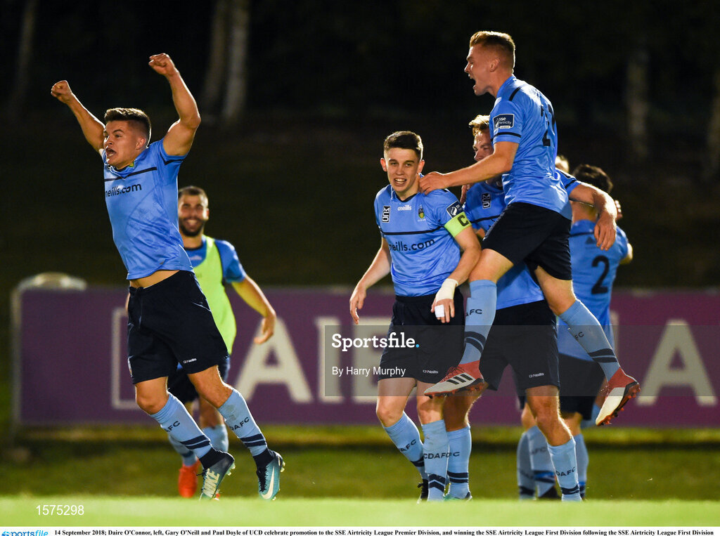 14 September 2018; Daire O'Connor, left, Gary O'Neill and Paul Doyle of UCD celebrate promotion to the SSE Airtricity League Premier Division, and winning the SSE Airtricity League First Division following the SSE Airtricity League First Division match between UCD and Finn Harps at the UCD Bowl in Dublin.   Photo by Harry Murphy/Sportsfile