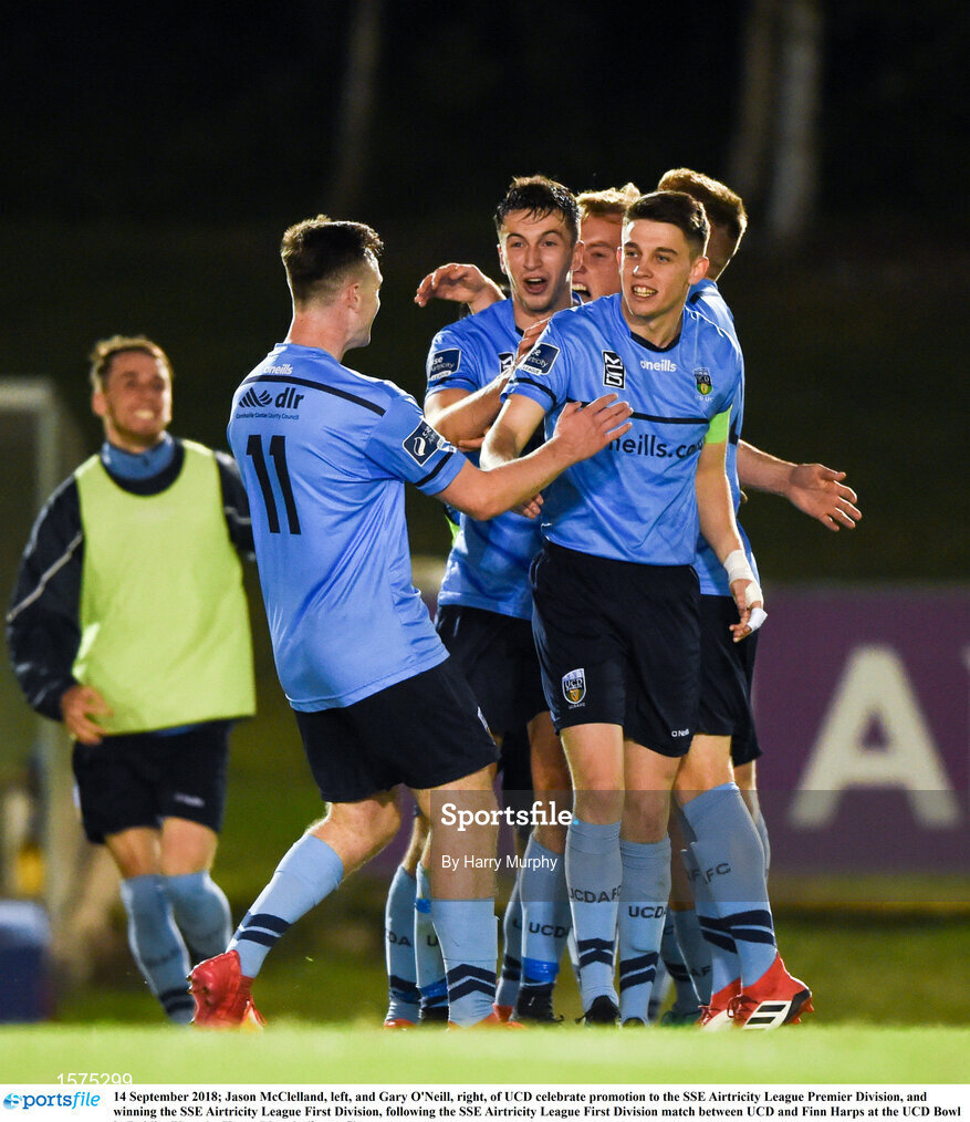 14 September 2018; Jason McClelland, left, and Gary O'Neill, right, of UCD celebrate promotion to the SSE Airtricity League Premier Division, and winning the SSE Airtricity League First Division, following the SSE Airtricity League First Division match between UCD and Finn Harps at the UCD Bowl in Dublin. Photo by Harry Murphy/Sportsfile