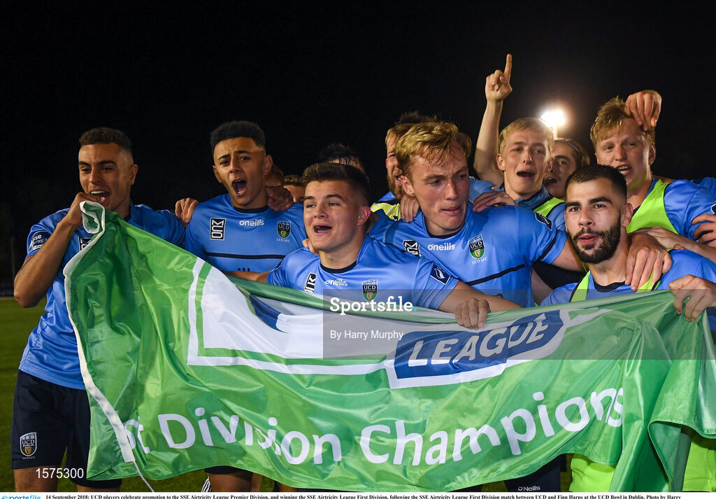 14 September 2018; UCD players celebrate promotion to the SSE Airtricity League Premier Division, and winning the SSE Airtricity League First Division, following the SSE Airtricity League First Division match between UCD and Finn Harps at the UCD Bowl in Dublin. Photo by Harry Murphy/Sportsfile