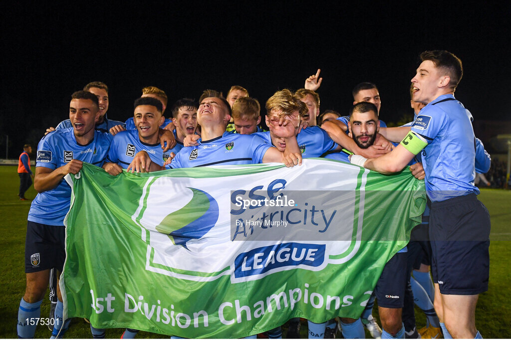 14 September 2018; UCD players celebrate promotion to the SSE Airtricity League Premier Division, and winning the SSE Airtricity League First Division, following the SSE Airtricity League First Division match between UCD and Finn Harps at the UCD Bowl in Dublin. Photo by Harry Murphy/Sportsfile