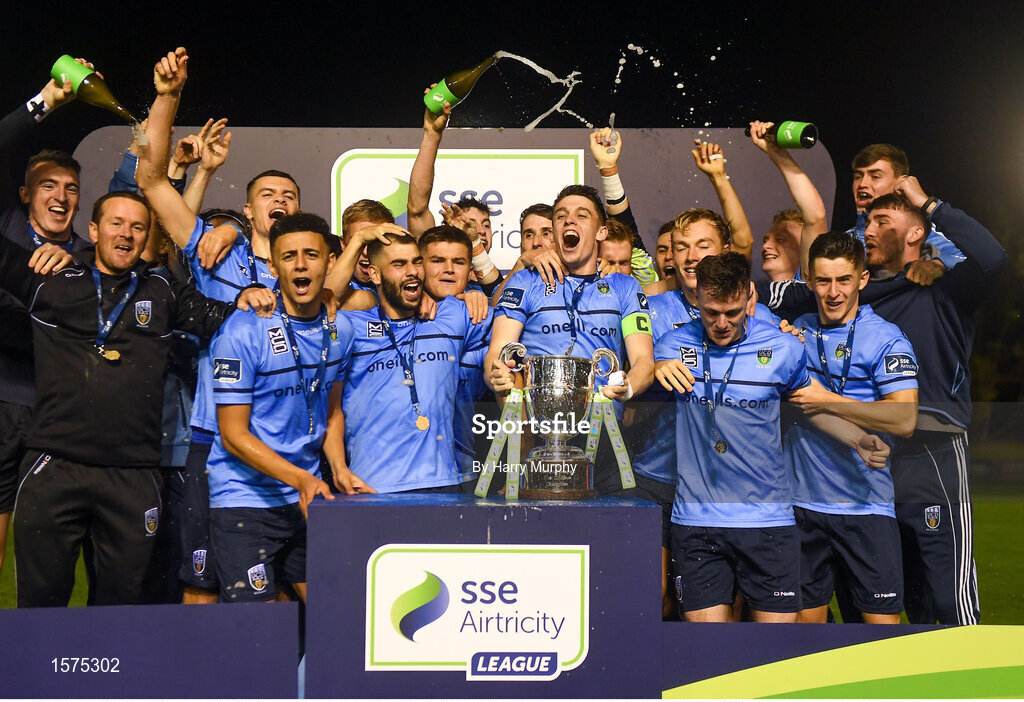14 September 2018; UCD players celebrate promotion to the SSE Airtricity League Premier Division, and winning the SSE Airtricity League First Division, following the SSE Airtricity League First Division match between UCD and Finn Harps at the UCD Bowl in Dublin. Photo by Harry Murphy/Sportsfile