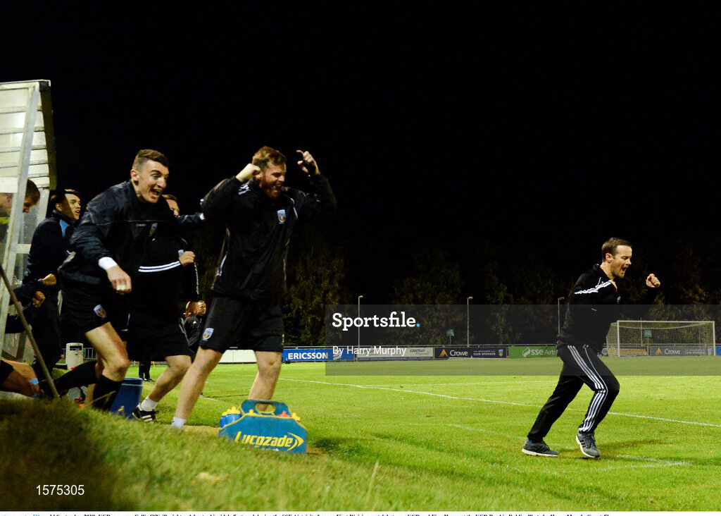 14 September 2018; UCD manager Collie O'Neill, right, celebrates his side's first goal during the SSE Airtricity League First Division match between UCD and Finn Harps at the UCD Bowl in Dublin. Photo by Harry Murphy/Sportsfile