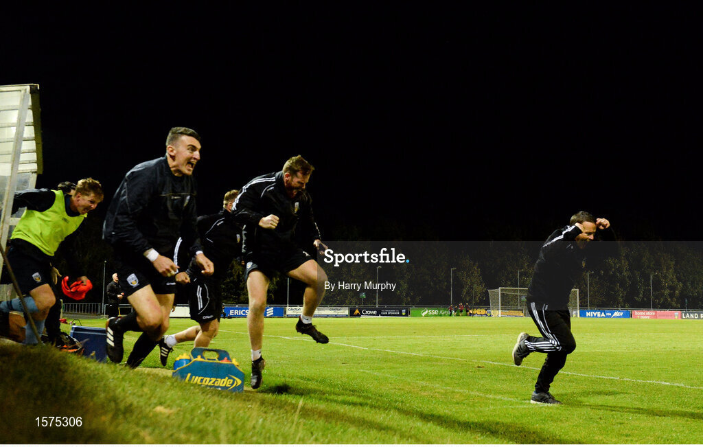 14 September 2018; UCD manager Collie O'Neill, right, celebrates his side's first goal during the SSE Airtricity League First Division match between UCD and Finn Harps at the UCD Bowl in Dublin. Photo by Harry Murphy/Sportsfile