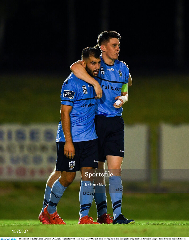 14 September 2018; Conor Davis of UCD, left, celebrates with team mate Gary O'Neill, after scoring his side's first goal during the SSE Airtricity League First Division match between UCD and Finn Harps at the UCD Bowl in Dublin. Photo by Harry Murphy/Sportsfile
