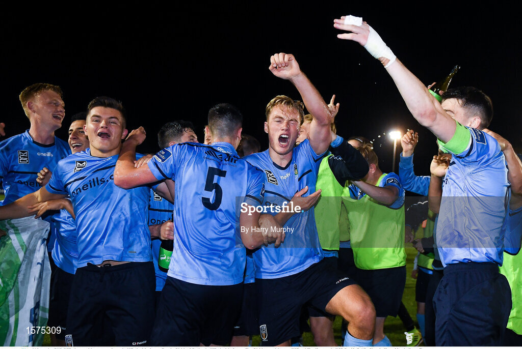 14 September 2018; UCD players celebrate promotion to the SSE Airtricity League Premier Division following the SSE Airtricity League First Division match between UCD and Finn Harps at the UCD Bowl in Dublin. Photo by Harry Murphy/Sportsfile