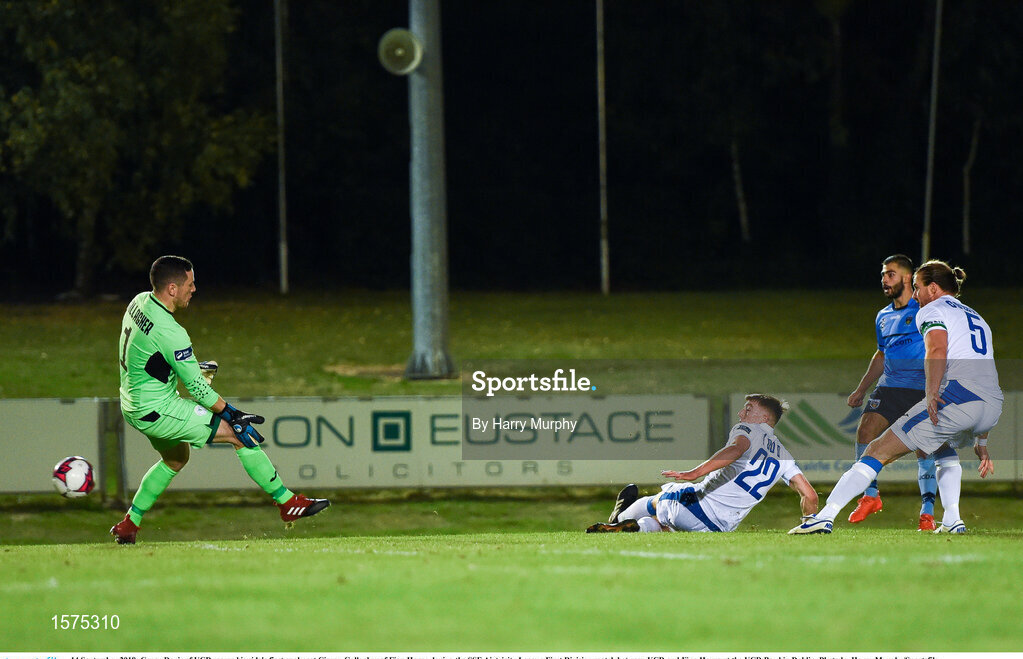14 September 2018; Conor Davis of UCD scores his side's first goal past Ciaran Gallagher of Finn Harps during the SSE Airtricity League First Division match between UCD and Finn Harps at the UCD Bowl in Dublin. Photo by Harry Murphy/Sportsfile