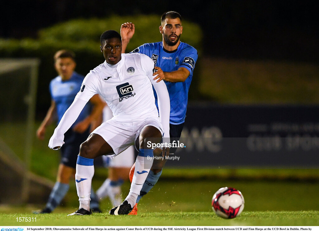 14 September 2018; Oluwatunmise Sobowale of Finn Harps in action against Conor Davis of UCD during the SSE Airtricity League First Division match between UCD and Finn Harps at the UCD Bowl in Dublin. Photo by Harry Murphy/Sportsfile