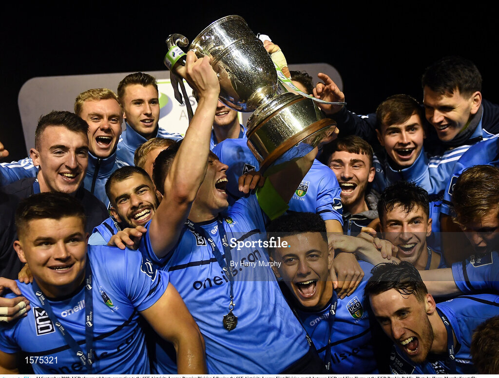 14 September 2018; UCD players celebrate promotion to the SSE Airtricity League Premier Division following the SSE Airtricity League First Division match between UCD and Finn Harps at the UCD Bowl in Dublin. Photo by Harry Murphy/Sportsfile