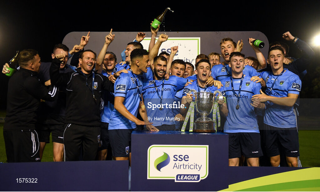 14 September 2018; UCD players and management celebrate promotion to the SSE Airtricity League Premier Division following the SSE Airtricity League First Division match between UCD and Finn Harps at the UCD Bowl in Dublin. Photo by Harry Murphy/Sportsfile