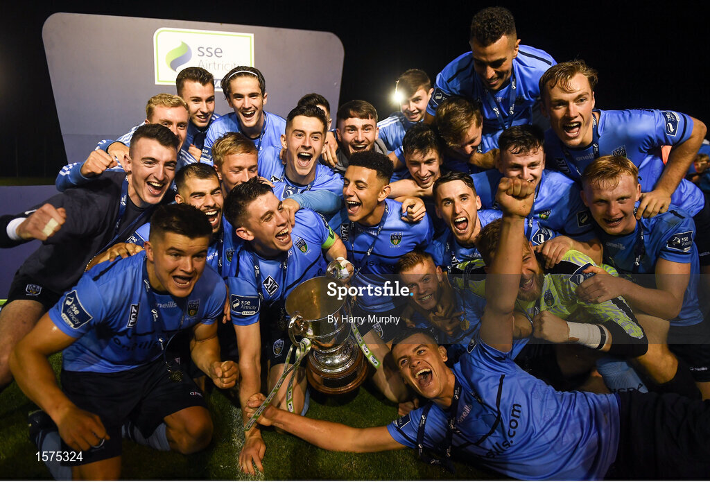 14 September 2018; UCD players celebrates promotion to the SSE Airtricity League Premier Division following the SSE Airtricity League First Division match between UCD and Finn Harps at the UCD Bowl in Dublin. Photo by Harry Murphy/Sportsfile
