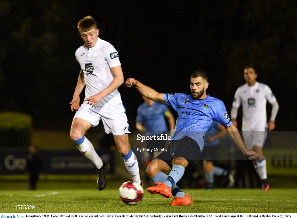 14 September 2018; Conor Davis of UCD in action against Sam Todd of Finn Harps during the SSE Airtricity League First Division match between UCD and Finn Harps at the UCD Bowl in Dublin. Photo by Harry Murphy/Sportsfile