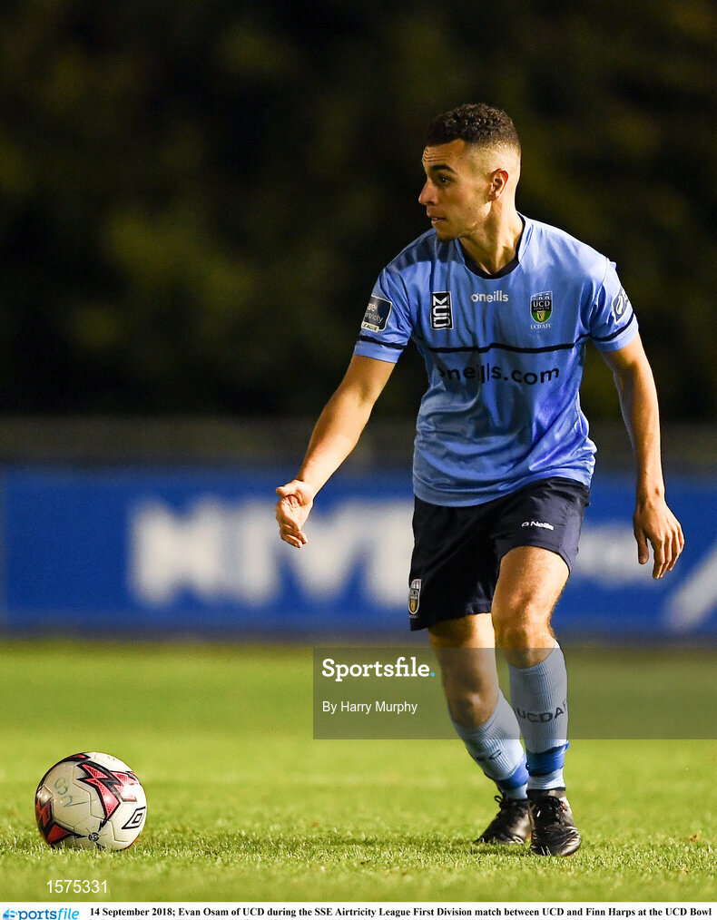 14 September 2018; Evan Osam of UCD during the SSE Airtricity League First Division match between UCD and Finn Harps at the UCD Bowl in Dublin. Photo by Harry Murphy/Sportsfile