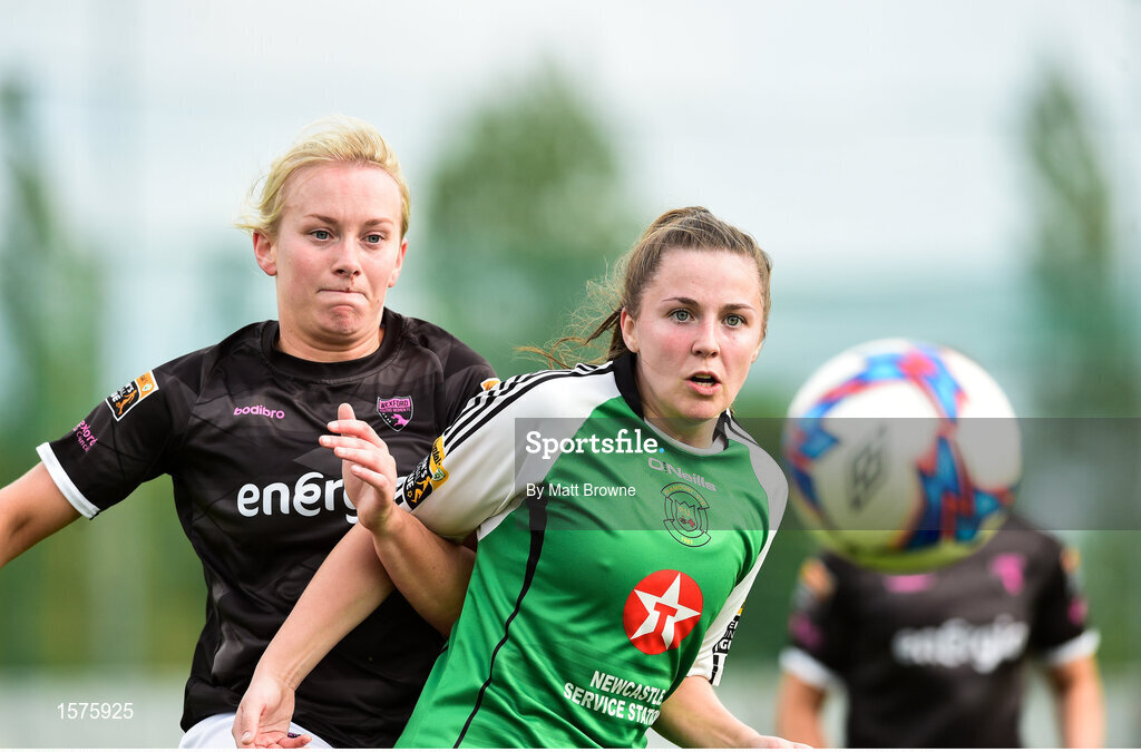 15 September 2018; Eleanor Ryan-Doyle of Peamount United in action against Nicola Sinnott of Wexford Youths during the Continental Tyres Women’s National League Cup Final between Wexford Youths at Peamount United at Ferrcarrig Park in Wexford. Photo by Matt Browne/Sportsfile