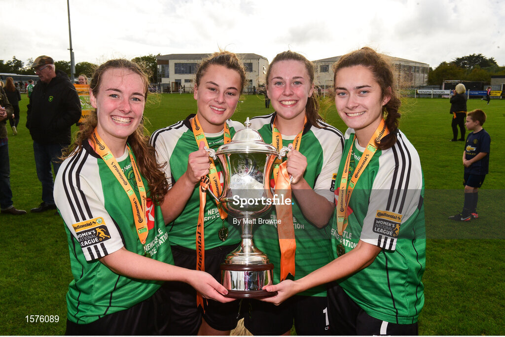 15 September 2018; Peamount United players from left Lucy McCartan, Niamh Barnes, Eleanor Rran-Doyle and Sarah McKevitt celebrates after the Continental Tyres Women’s National League Cup Final between Wexford Youths at Peamount United at Ferrcarrig Park in Wexford. Photo by Matt Browne/Sportsfile
