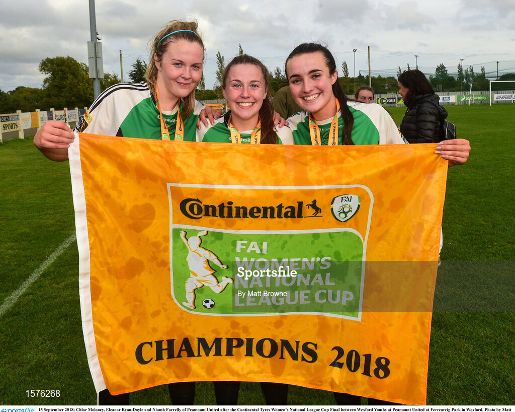 15 September 2018; Chloe Moloney, Eleanor Ryan-Doyle and Niamh Farrelly of Peamount United after the Continental Tyres Women’s National League Cup Final between Wexford Youths at Peamount United at Ferrcarrig Park in Wexford. Photo by Matt Browne/Sportsfile
