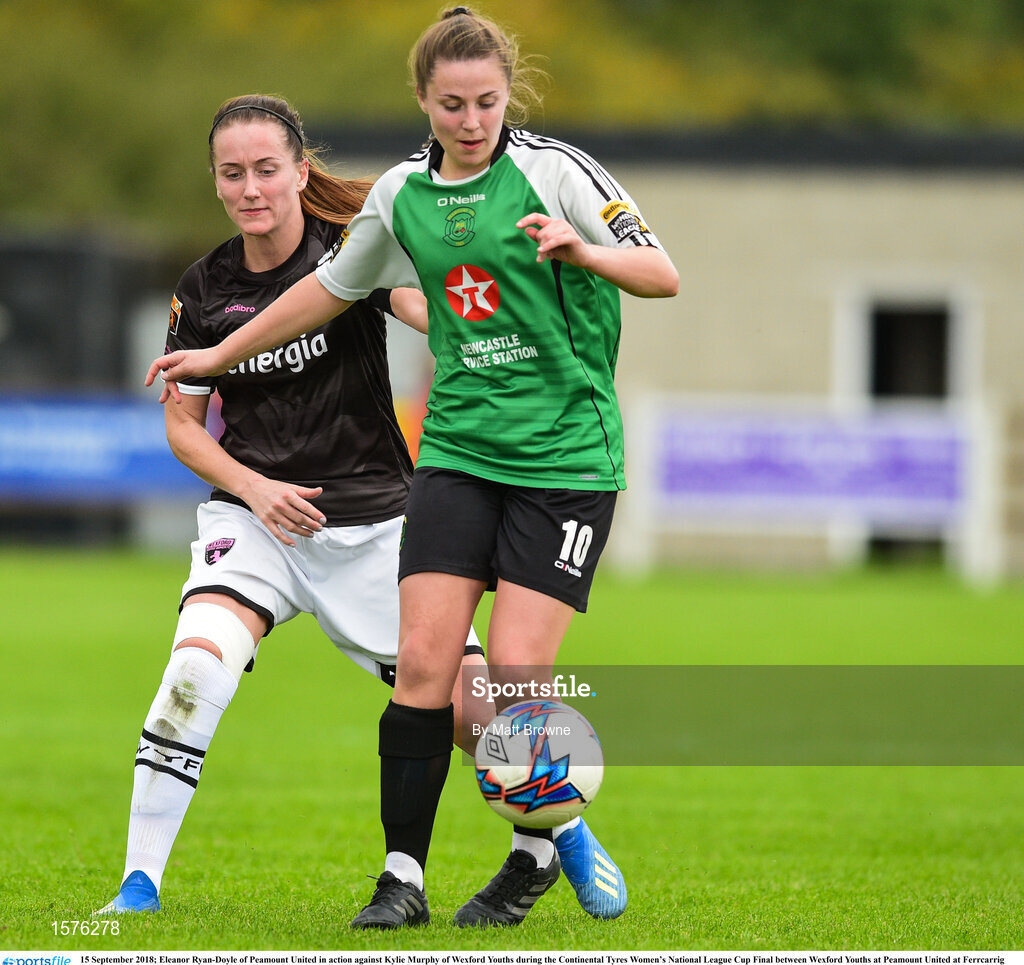 15 September 2018; Eleanor Ryan-Doyle of Peamount United in action against Kylie Murphy of Wexford Youths during the Continental Tyres Women’s National League Cup Final between Wexford Youths at Peamount United at Ferrcarrig Park in Wexford. Photo by Matt Browne/Sportsfile