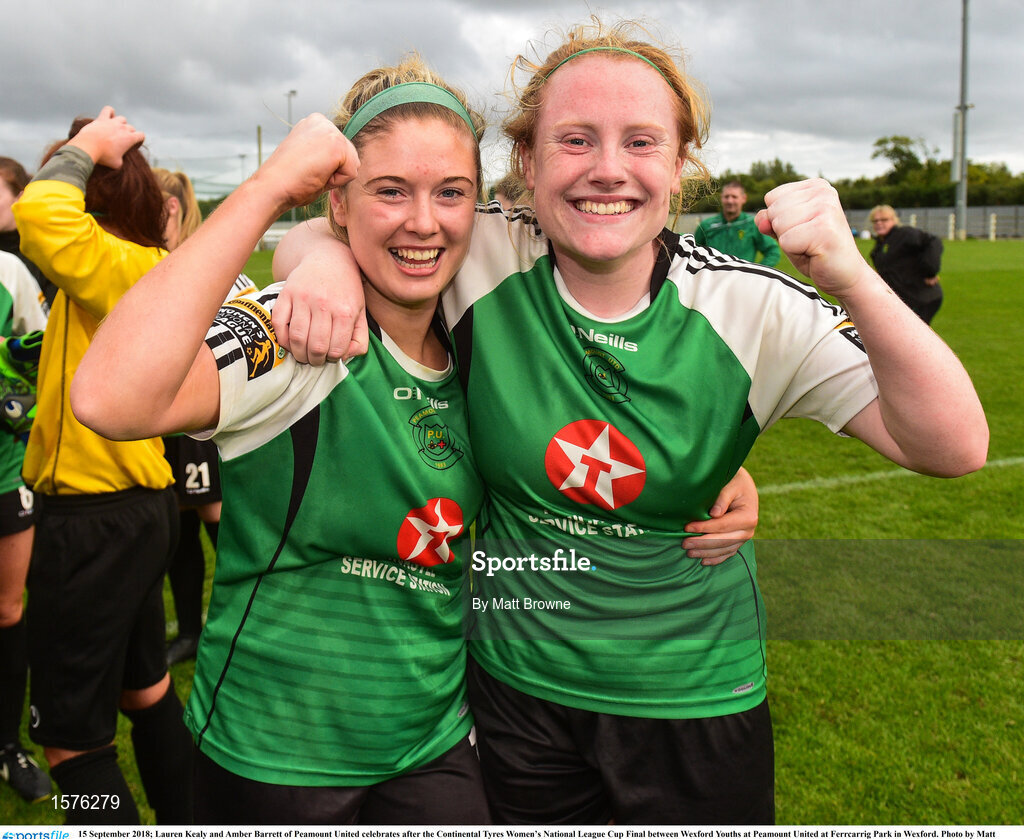 15 September 2018; Lauren Kealy and Amber Barrett of Peamount United celebrates after the Continental Tyres Women’s National League Cup Final between Wexford Youths at Peamount United at Ferrcarrig Park in Wexford. Photo by Matt Browne/Sportsfile