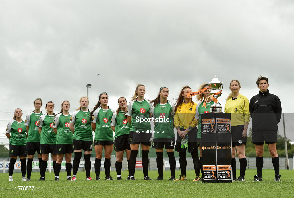 15 September 2018; Peamount United players during the national anthem before the Continental Tyres Women’s National League Cup Final between Wexford Youths at Peamount United at Ferrcarrig Park in Wexford. Photo by Matt Browne/Sportsfile