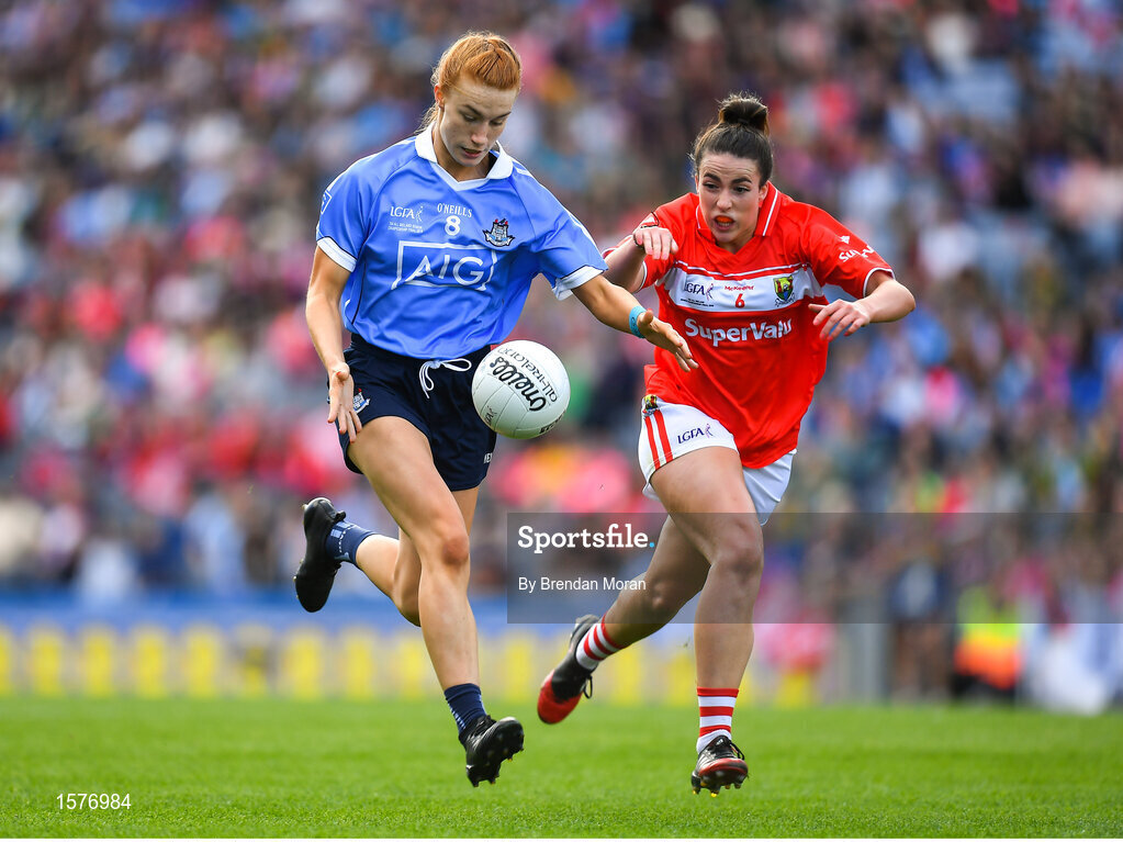 16 September 2018; Lauren Magee of Dublin in action against Shauna Kelly of Cork during the TG4 All-Ireland Ladies Football Senior Championship Final match between Cork and Dublin at Croke Park, Dublin. Photo by Brendan Moran/Sportsfile