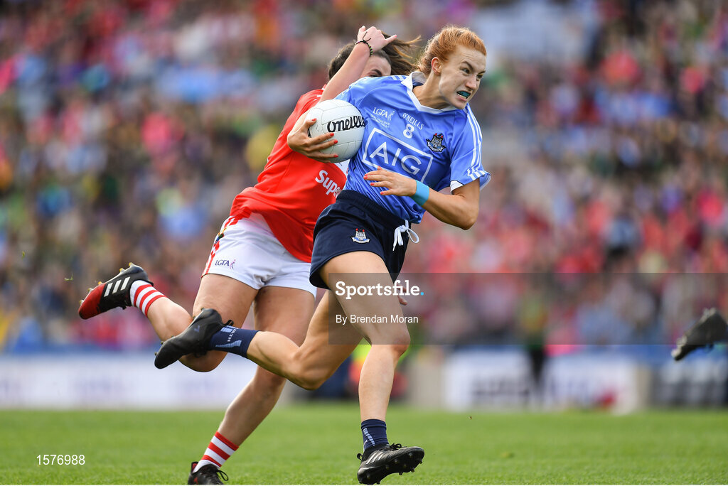 16 September 2018; Lauren Magee of Dublin in action against Shauna Kelly of Cork during the TG4 All-Ireland Ladies Football Senior Championship Final match between Cork and Dublin at Croke Park, Dublin. Photo by Brendan Moran/Sportsfile