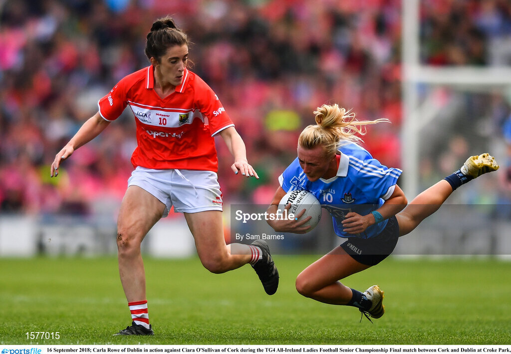 16 September 2018; Carla Rowe of Dublin in action against Ciara O'Sullivan of Cork during the TG4 All-Ireland Ladies Football Senior Championship Final match between Cork and Dublin at Croke Park, Dublin. Photo by Sam Barnes/Sportsfile