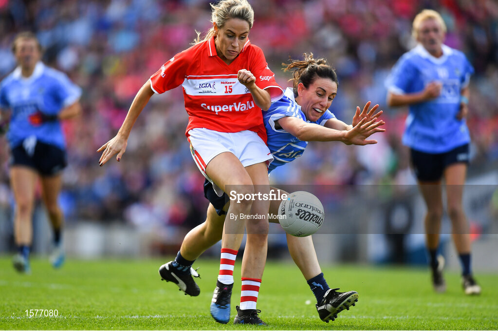 16 September 2018; Orla Finn of Cork in action against Siobhán McGrath of Dublin during the TG4 All-Ireland Ladies Football Senior Championship Final match between Cork and Dublin at Croke Park, Dublin. Photo by Brendan Moran/Sportsfile