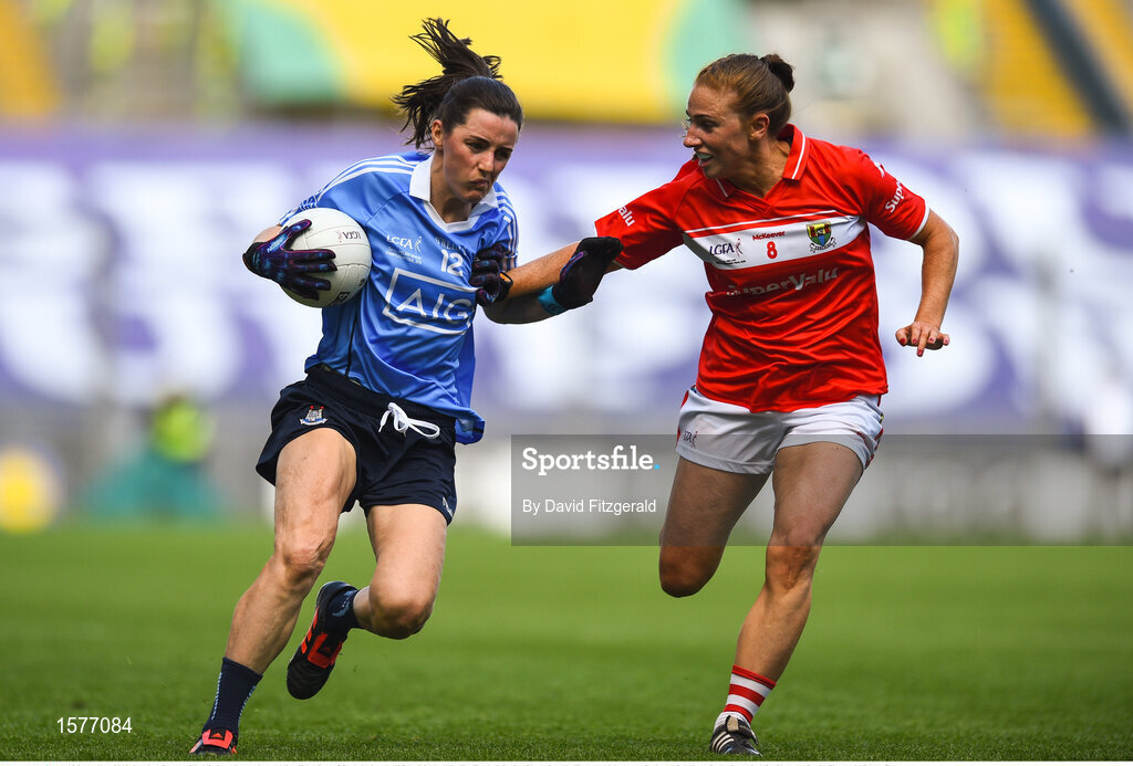 16 September 2018; Lyndsey Davey of Dublin in action against Ashling Hutchings of Cork during the TG4 All-Ireland Ladies Football Senior Championship Final match between Cork and Dublin at Croke Park, Dublin. Photo by David Fitzgerald/Sportsfile