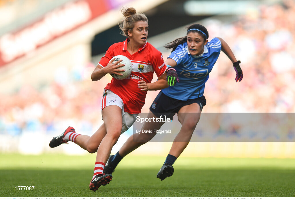 16 September 2018; Maire O'Callaghan of Cork in action against Olwen Carey of Dublin during the TG4 All-Ireland Ladies Football Senior Championship Final match between Cork and Dublin at Croke Park, Dublin. Photo by David Fitzgerald/Sportsfile