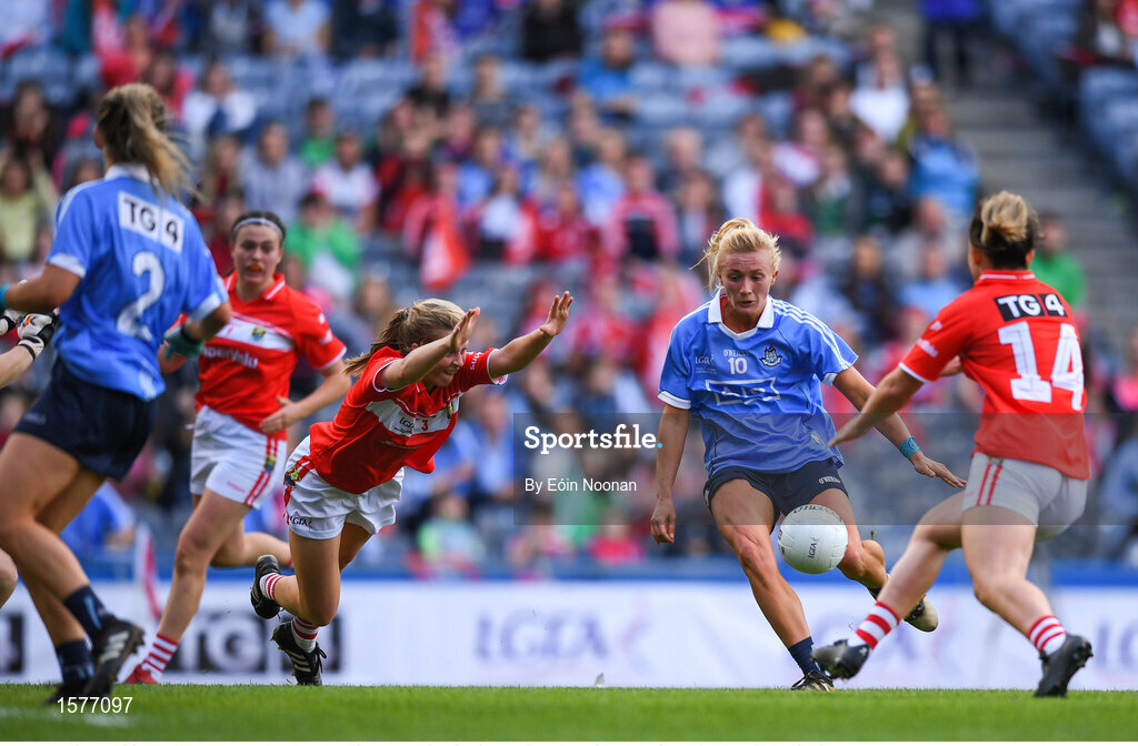 16 September 2018; Carla Rowe of Dublin shoots to score her side's third goal during the TG4 All-Ireland Ladies Football Senior Championship Final match between Cork and Dublin at Croke Park, Dublin. Photo by Eóin Noonan/Sportsfile
