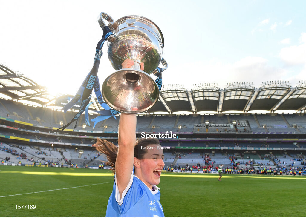 16 September 2018; Lyndsey Davey of Dublin  celebrates with the Brendan Martin Cup following the TG4 All-Ireland Ladies Football Senior Championship Final match between Cork and Dublin at Croke Park, Dublin. Photo by Sam Barnes/Sportsfile