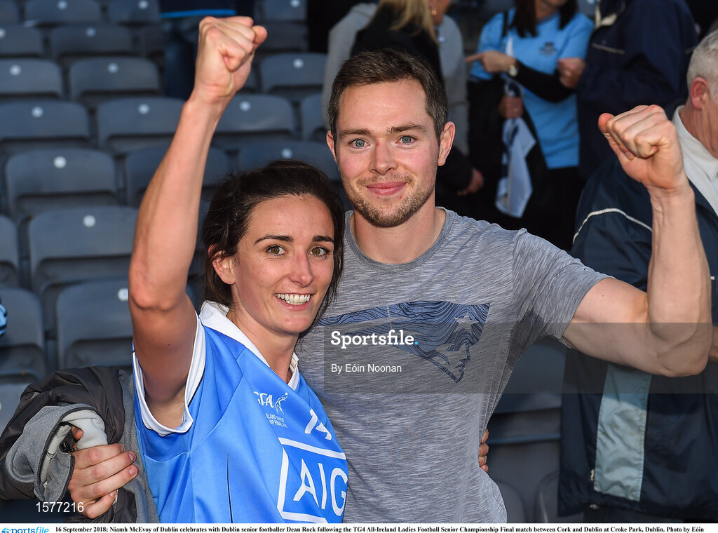 16 September 2018; Niamh McEvoy of Dublin celebrates with Dublin senior footballer Dean Rock following the TG4 All-Ireland Ladies Football Senior Championship Final match between Cork and Dublin at Croke Park, Dublin. Photo by Eóin Noonan/Sportsfile