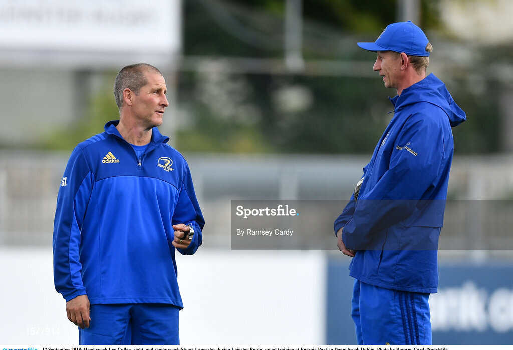 17 September 2018; Head coach Leo Cullen, right, and senior coach Stuart Lancaster during Leinster Rugby squad training at Energia Park in Donnybrook, Dublin. Photo by Ramsey Cardy/Sportsfile