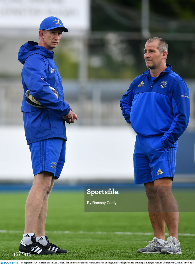 17 September 2018; Head coach Leo Cullen, left, and senior coach Stuart Lancaster during Leinster Rugby squad training at Energia Park in Donnybrook, Dublin. Photo by Ramsey Cardy/Sportsfile