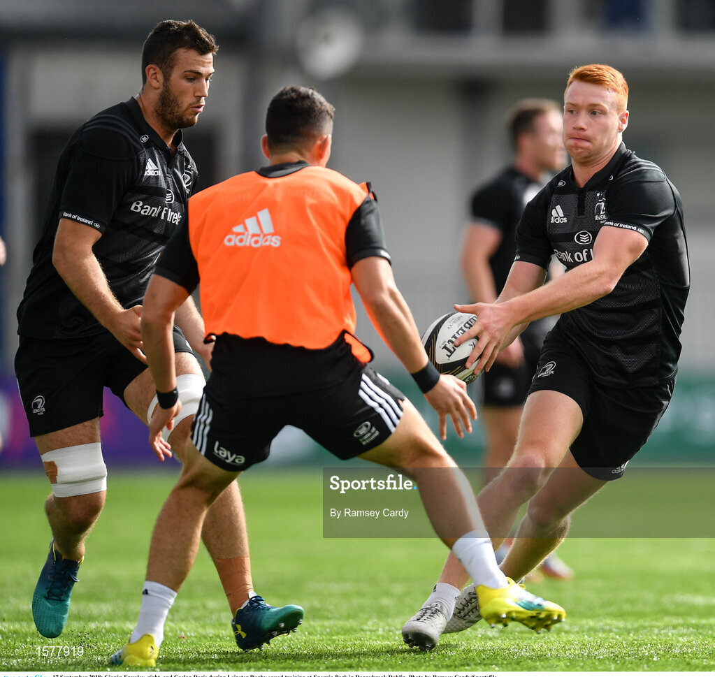 17 September 2018; Ciarán Frawley, right, and Caelan Doris during Leinster Rugby squad training at Energia Park in Donnybrook, Dublin. Photo by Ramsey Cardy/Sportsfile