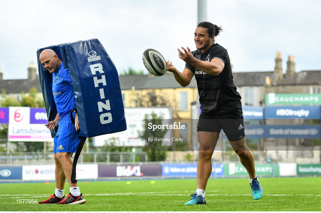 17 September 2018; James Lowe and backs coach Felipe Contepomi during Leinster Rugby squad training at Energia Park in Donnybrook, Dublin. Photo by Ramsey Cardy/Sportsfile