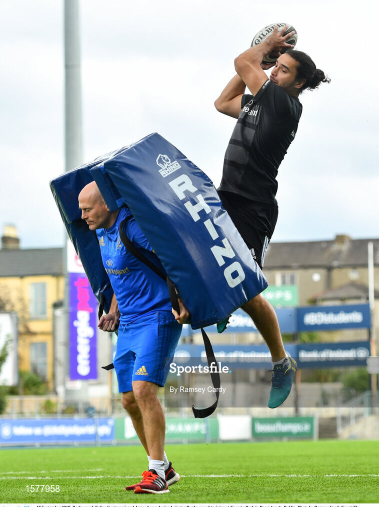17 September 2018; Backs coach Felipe Contepomi and James Lowe during Leinster Rugby squad training at Energia Park in Donnybrook, Dublin. Photo by Ramsey Cardy/Sportsfile