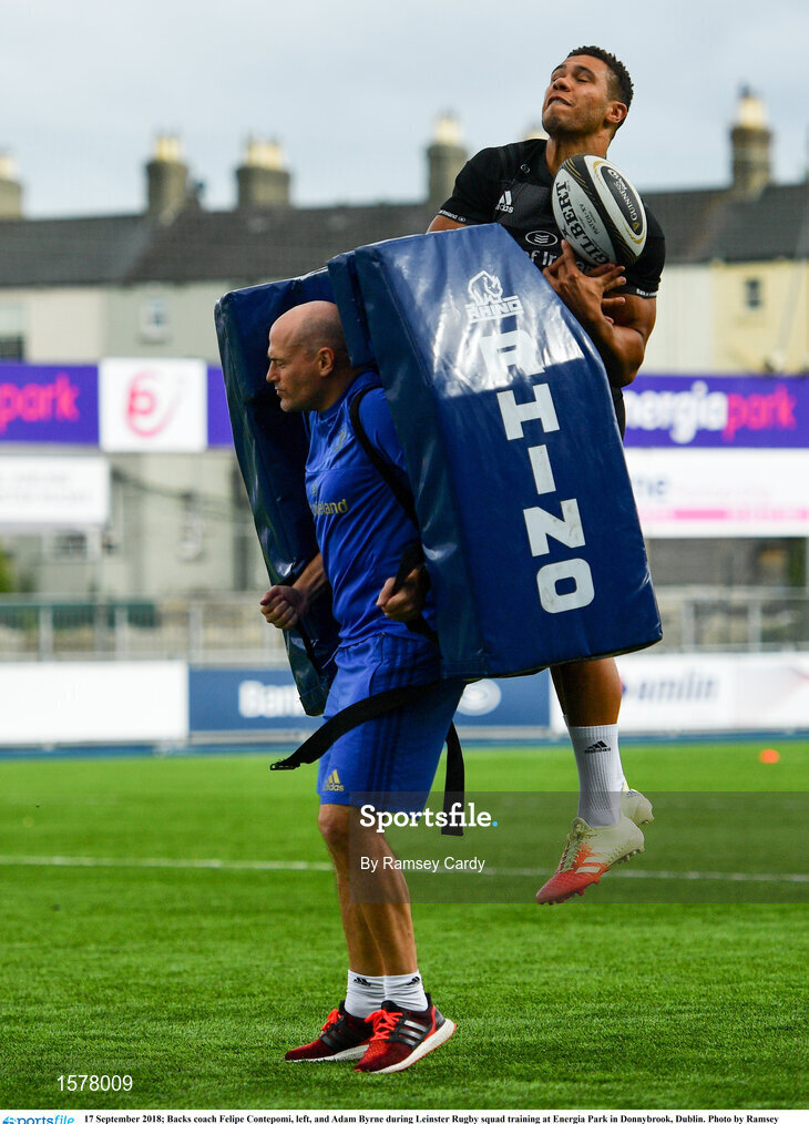 17 September 2018; Backs coach Felipe Contepomi, left, and Adam Byrne during Leinster Rugby squad training at Energia Park in Donnybrook, Dublin. Photo by Ramsey Cardy/Sportsfile