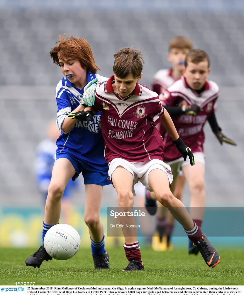 22 September 2018; Rian Molloney of Coolaney/Mullinabreena, Co Sligo, in action against Niall McNamara of Annaghdown, Co Galway, during the Littlewoods Ireland Connacht Provincial Days Go Games in Croke Park. This year over 6,000 boys and girls aged between six and eleven represented their clubs in a series of mini blitzes and – just like their heroes – got to play in Croke Park. For exclusive content and behind the scenes action follow Littlewoods Ireland on Facebook, Instagram, Twitter and https://blog.littlewoodsireland.ie/ Photo by Eóin Noonan/Sportsfile