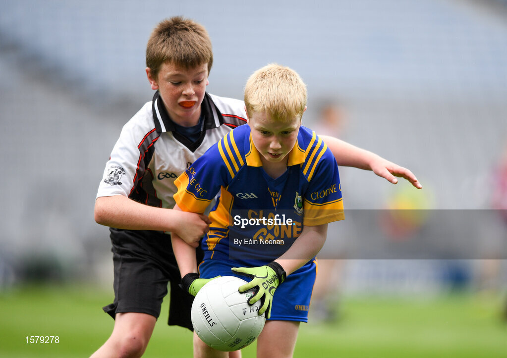 22 September 2018; Darren Brennan of Cloone, Co Leitrim, in action against Evan O'Grady of Kilmeen, Co Cork, during the Littlewoods Ireland Connacht Provincial Days Go Games in Croke Park. This year over 6,000 boys and girls aged between six and eleven represented their clubs in a series of mini blitzes and – just like their heroes – got to play in Croke Park. For exclusive content and behind the scenes action follow Littlewoods Ireland on Facebook, Instagram, Twitter and https://blog.littlewoodsireland.ie/ Photo by Eóin Noonan/Sportsfile