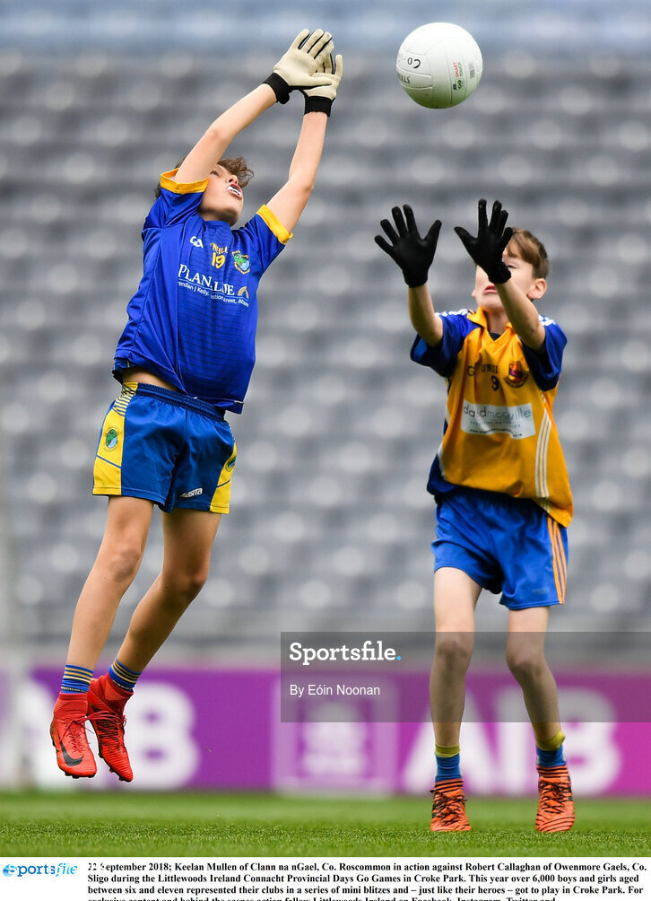 22 September 2018; Keelan Mullen of Clann na nGael, Co. Roscommon in action against Robert Callaghan of Owenmore Gaels, Co. Sligo during the Littlewoods Ireland Connacht Provincial Days Go Games in Croke Park. This year over 6,000 boys and girls aged between six and eleven represented their clubs in a series of mini blitzes and – just like their heroes – got to play in Croke Park. For exclusive content and behind the scenes action follow Littlewoods Ireland on Facebook, Instagram, Twitter and https://blog.littlewoodsireland.ie/ Photo by Eóin Noonan/Sportsfile