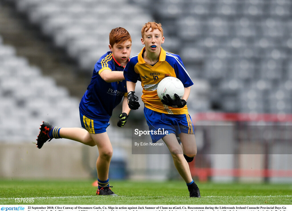 22 September 2018; Clive Conway of Owenmore Gaels, Co. Sligo in action against Jack Sumner of Clann na nGael, Co. Roscommon during the Littlewoods Ireland Connacht Provincial Days Go Games in Croke Park. This year over 6,000 boys and girls aged between six and eleven represented their clubs in a series of mini blitzes and – just like their heroes – got to play in Croke Park. For exclusive content and behind the scenes action follow Littlewoods Ireland on Facebook, Instagram, Twitter and https://blog.littlewoodsireland.ie/ Photo by Eóin Noonan/Sportsfile