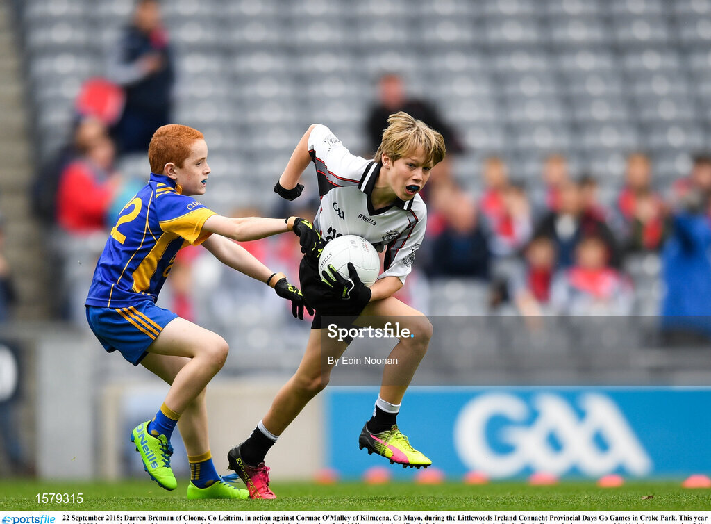 22 September 2018; Darren Brennan of Cloone, Co Leitrim, in action against Cormac O'Malley of Kilmeena, Co Mayo, during the Littlewoods Ireland Connacht Provincial Days Go Games in Croke Park. This year over 6,000 boys and girls aged between six and eleven represented their clubs in a series of mini blitzes and – just like their heroes – got to play in Croke Park. For exclusive content and behind the scenes action follow Littlewoods Ireland on Facebook, Instagram, Twitter and https://blog.littlewoodsireland.ie/ Photo by Eóin Noonan/Sportsfile
