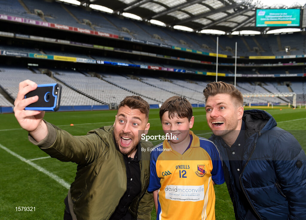 22 September 2018; The 2 Johnnies take a selfie with Patrick Barrett, age 12 from Owenmore Gaels, Co. Sligo, during the Littlewoods Ireland Connacht Provincial Days Go Games in Croke Park. This year over 6,000 boys and girls aged between six and eleven represented their clubs in a series of mini blitzes and – just like their heroes – got to play in Croke Park. For exclusive content and behind the scenes action follow Littlewoods Ireland on Facebook, Instagram, Twitter and https://blog.littlewoodsireland.ie/ Photo by Eóin Noonan/Sportsfile