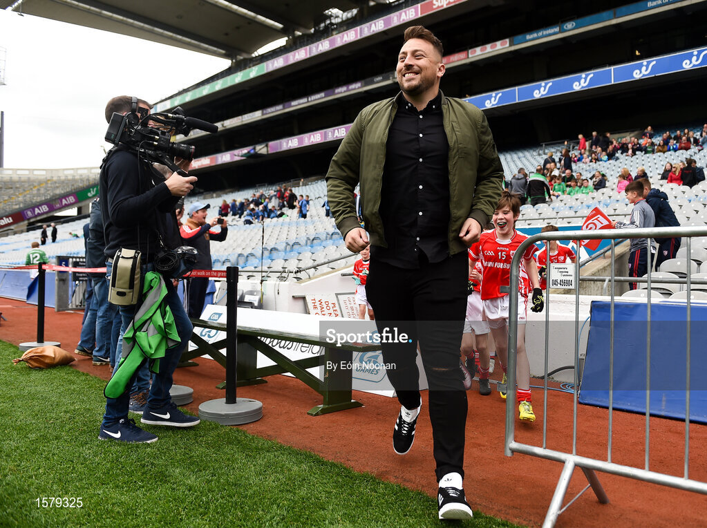 22 September 2018; The 2 Johnnies run out to the pitch with players from Bohola Moy Davitts, Co. Mayo during the Littlewoods Ireland Connacht Provincial Days Go Games in Croke Park. This year over 6,000 boys and girls aged between six and eleven represented their clubs in a series of mini blitzes and – just like their heroes – got to play in Croke Park. For exclusive content and behind the scenes action follow Littlewoods Ireland on Facebook, Instagram, Twitter and https://blog.littlewoodsireland.ie/ Photo by Eóin Noonan/Sportsfile